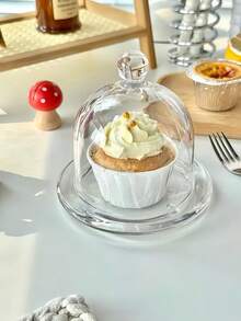 1 pieza Plato de postre de vidrio transparente con tapa antipolvo, adecuado para pasteles, frutas, panes - transparente - Ver 2