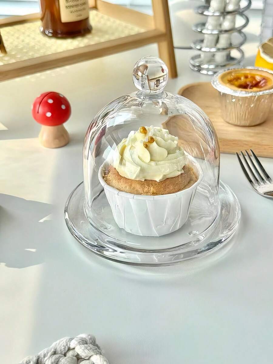 1 pieza Plato de postre de vidrio transparente con tapa antipolvo, adecuado para pasteles, frutas, panes