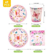 Pink Floral Butterfly 8-Guest Disposable Tableware Set, Including Plates, Napkins And Cups, Suitable For Birthday, Wedding, Party, Family Picnic - Multicolor - View 2