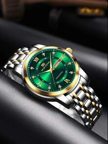 1pc Men's Quartz Watch, 41mm Classic Luxury Diamond Calendar Clock, Green/Blue/Gold/Silver/Black Stainless Steel Dial, Genuine Quartz Movement, 3 Bar Water Resistant, Business Style, Exquisite Couple Watch - Green - View 10