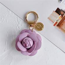 1pc Fashionable Faux Leather Camellia Keychain - Elegant Women'S Coin And Rose Pendant, Perfect For Backpacks, Keys, And Car Accessories In Black, White, Pink | Floral Keychain With Golden Coin Detail - 1 chiếc màu tím đậm - Xem 9