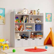 Asofer Kids Bookcase Cabinet And Toy Storage ,Wooden Toddler Bookshelf With Toy Storage Organizer,Book Shelf  With 8 Open Shelves And 4  Drawers With Hidden Wheels For Playroom Nursery Kids Room, White - White - View 1