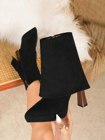 Botines de tacón grueso de ante negro para mujer, con diseño de cremallera lateral para fiestas y vacaciones, otoño/invierno, tacones altos