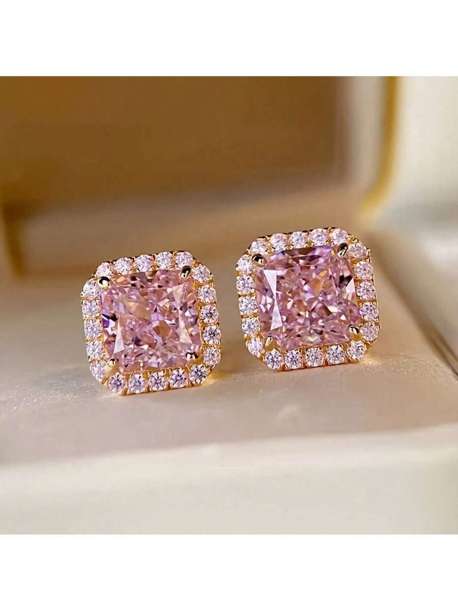 Luxury Pink Synthetic  Stud Earrings For Women Wedding Engagement Party Daily Wear Elegant Earrings (No Box) - 粉色 - 查看 1