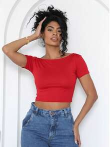 Moderna & Slim Short-Sleeved Blouse With A Completely Open Back - Blouse That Is Totally Open At The Back. - Rojo - Ver 2