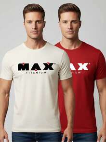 Kit Of 2 Men's T-Shirts 100% Cotton Tshirt Max T Clothing Summer Fashion Basic Everyday Wear - 紅色 - 查看 1
