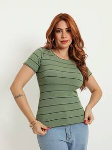 Women's Striped Ribbed Polyester T-Shirt With A Soft Touch - Rayas verde menta - Ver 2