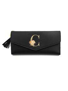 1 Pieza Cartera plegable de mujer de cuero PU negro con iniciales florales doradas A-Z, monedero lindo para niñas, cartera de moda para mujer con tarjetero mini y borla, impermeable, portátil, gran capacidad para tarjetas de crédito y efectivo, adecuada para negocios, casual, regalo de cumpleaños, regalo del Día del Maestro, regalo de Navidad.