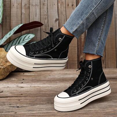 Thick Sole Canvas High-Top Sneakers For Women, Versatile Casual Shoes, Autumn