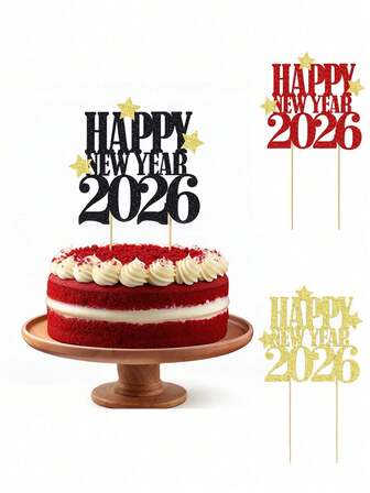 1个2026新年蛋糕装饰插牌 - 数字2026，闪亮新年快乐字样，粉色和金色甜甜圈造型装饰 - 适用于2026主题蛋糕的婚礼、生日、新年派对用品（年份标志）、圣诞节、新年