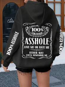 Plus Size Women Slogan Print Drop Shoulder Long Sleeve Casual Loose Thermal Lined Hoodie Sweatshirt, Autumn/Winter - Black - View 9