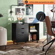 Archivador de madera de 3 cajones, archivador lateral móvil, soporte de impresora con estantes de almacenamiento abiertos para oficina en casa - Negro - Ver 6