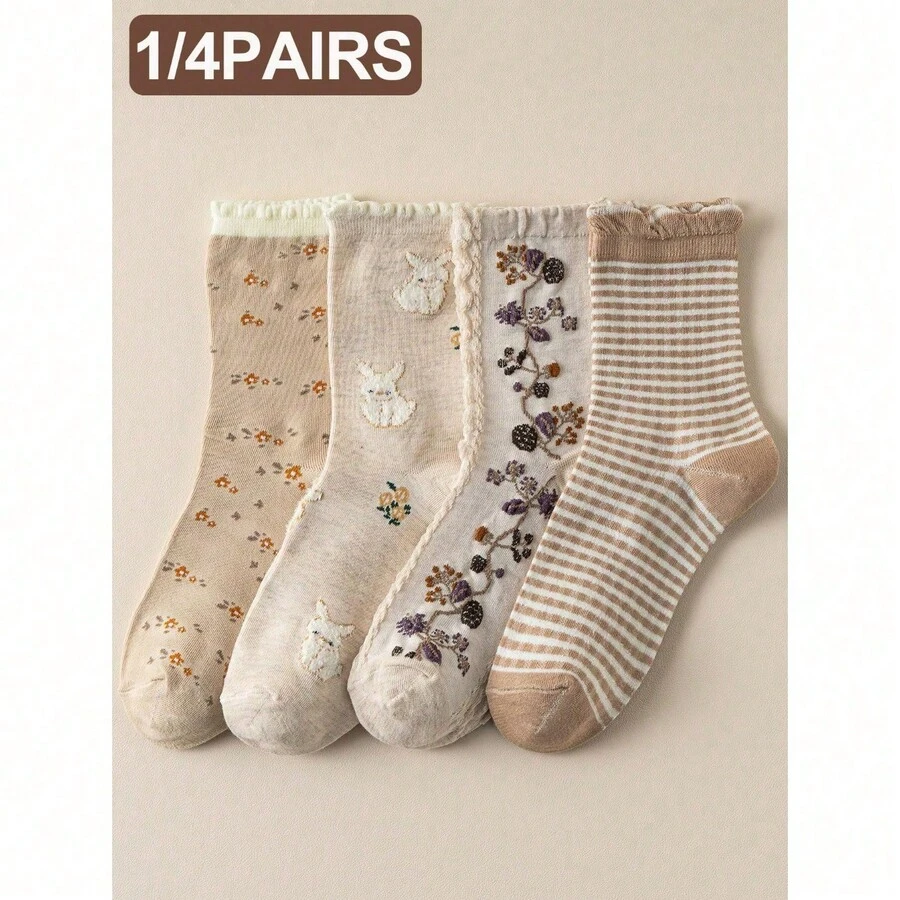 1/4 Pairs Beige Lace Ruffled Rabbit Print Stripe Pattern Breathable Cute Elastic Casual Student Moisture-Wicking Mid-Calf Socks For Women, Suitable For Easter, Fall - Multicolor - View 1