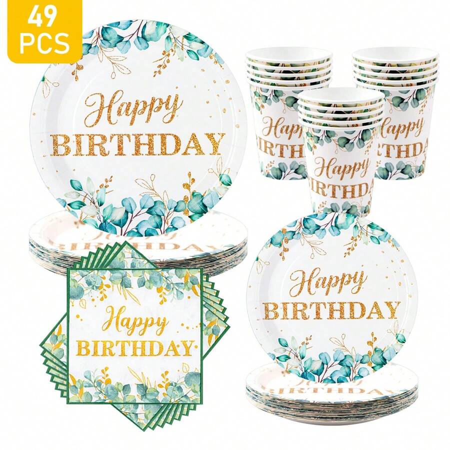 1 Set Green Leaf Gold Rim "Happy Birthday" Disposable Plates, Napkins, Cups, Serves 8 Guests, Suitable For Birthday, Wedding, Party, Family Picnic - Multicolor - View 1
