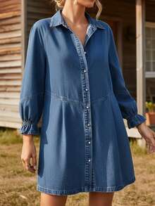 Women's Summer Loose Fit Washed Denim Midi Dress With Collar And Long Sleeves, No Pockets Design With Cuffed Sleeves, Light Blue And Dark Blue Options, Western Country Style, Bohemian Style, And Y2K Vintage Aesthetic, Simple And Easy To Style For Daily Outings, City Walks, Country Music Festivals, Vacation Travel, Date Looks, And Valentine's Day Outfits - Xanh đậm - Xem 5