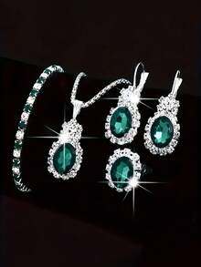 4pcs/Set Luxury Ditsy Floral Sweet Style Jewelry Set, Including Necklace, Earrings And Ring, Crystal Teardrop Design, Ideal For Party, Date, Gift And Casual Wear - Pink - View 13