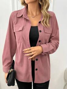 Pink Corduroy Women's Button Front Utility Pocket Casual Fitted Long Sleeve Shirt - Versatile For Daily Commute & Casual Date Outfits - Pink - View 2