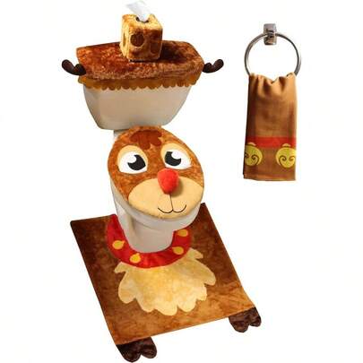 5 Pieces Reindeer Theme Bathroom Decoration Set/Toilet Cover, Rugs, Cover, Toilet Paper Box Cover And Santa Towel Xmas Indoor Dcor, Party Favors