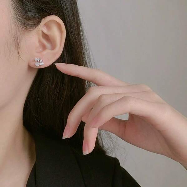 1 Pair S925 Silver Cherry Cat Eye Stone Stud Earrings, Minimalist, Cute, Sweet Elegant