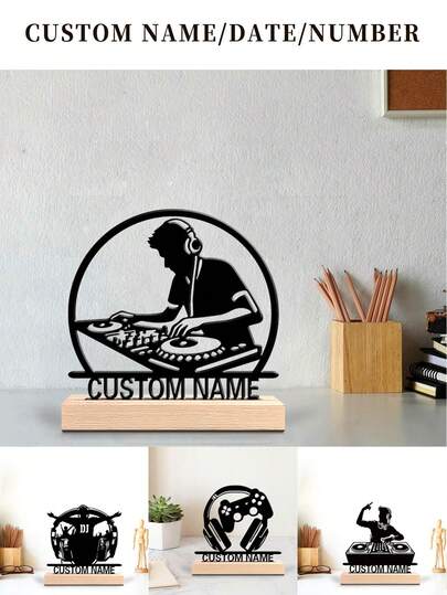 1pc New Design Personalized Custom Metal DJ & Gamer Art With Wooden Base Tabletop Decoration, Perfect For Meditation Spaces, Office, Asian Themes Christmas Decorations The Perfect Gift For Brothers, Fathers, Friends And Professional Gamers Who Love Gamer And,Christmas Gift Supplies