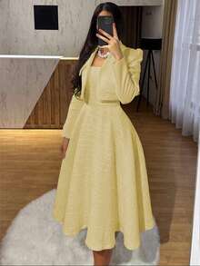 Bộ 2 món gồm váy slip dress và áo tay dài kiểu Pháp cổ điển thanh lịch, váy mùa đông ôm dáng tôn dáng cho nữ, váy trắng cho đêm giao thừa mùa xuân. - Màu vàng - Xem 3