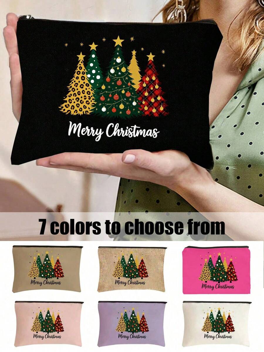 Christmas Tree Print Cosmetic Travel Bag - Stylish Spooky Cute Makeup Organizer For Holiday Travel | Reusable Polyester Makeup Pouch For Cosmetics, Lipstick, Phone Accessories | Lightweight Zipper Closure Bag - Perfect Christmas Gift, Bridal Shower, Wedding Accessory, Toiletry Bag, Travel Essentials | Festive Daily Use Cosmetic Case, - Multicolor - View 1