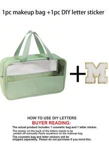 1个透明PVC字母化妆包，防水便携雪尼尔字母拉链化妆品收纳包，简约首字母贴纸旅行化妆包，女士浴室字母印花洗漱包（字母A~Z），送给妈妈的礼物，沙滩包，沙滩必备