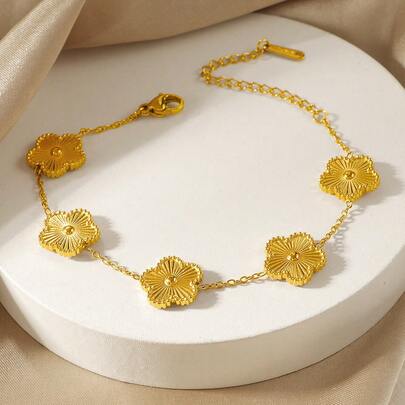 1PC Women's 5-Leaf Clover Bracelet 18K Gold Plated Stainless Steel Lucky 5-Leaf Gold Chain Bracelet Women's Jewelry Gift