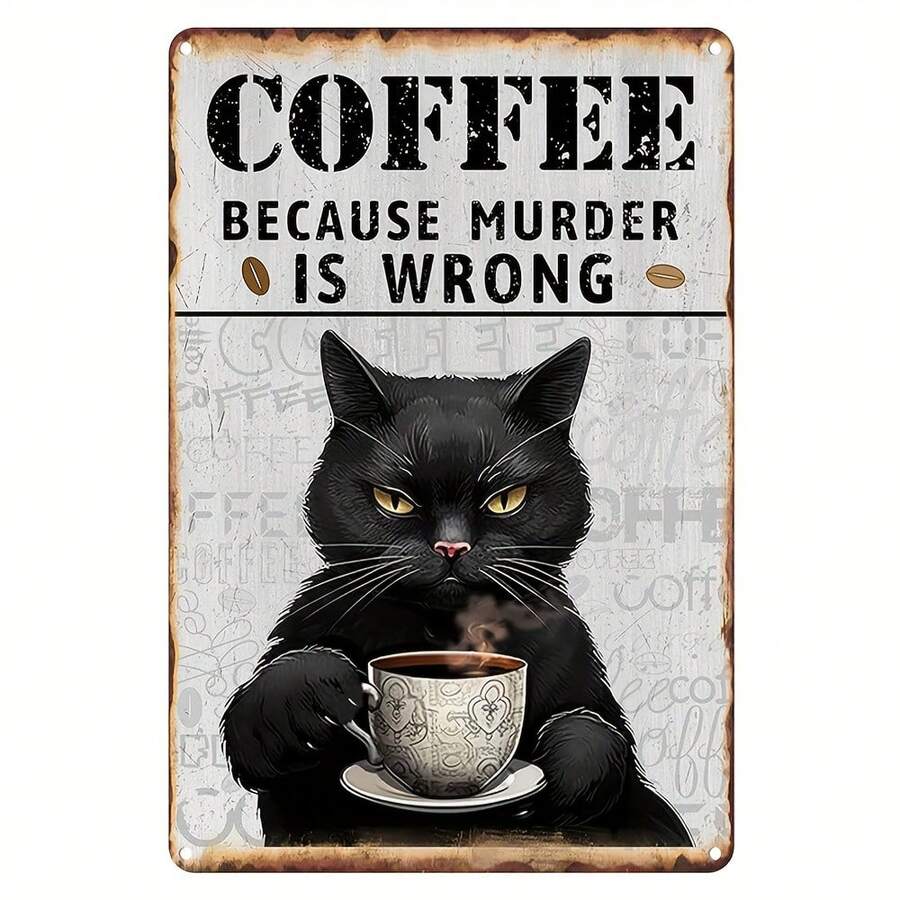 Vintage Black Cat Coffee Metal Sign - Perfect For Home, Office, Cafe Or Bar Wall Decoration, 12x8inch , Suitable For Room Decoration - Multiple - View 1