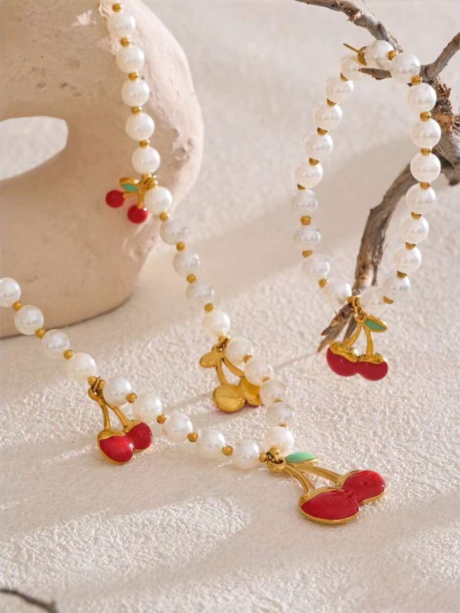 Eetit 1P Crendy Style Simulated Pearls Beads Chain Cherry Pendant Necklace Elegance Handmade Beads Jewelry Gift