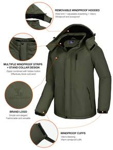 CAMEL CROWN 男士冬季防水保暖滑雪服仿毛皮抓绒雨衣带可拆卸帽子 - 深銅綠 - 查看 9