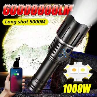 60000000LM Super Bright LED Portable Flashlight, Aluminum Alloy Durable Shockproof Long-Distance Spotlight Yellow White Dual Light Sources Zoomable Lantern Waterproof For Outdoor Use Suitable For Exploration Hiking Mountain Climbing Night Fishing Inspection And Repair
