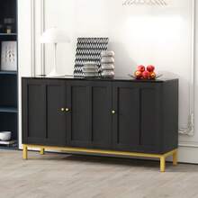 Stylish, Elegant 3-Door Sideboard With Marble Tabletop For Kitchen, Living Room, And Dining Room (Black) - 黑色 - 查看 3
