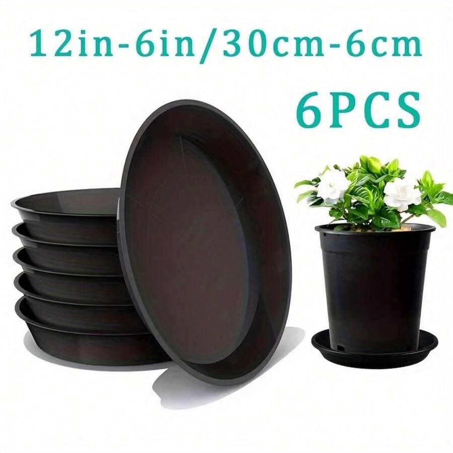 6 đĩa nhựa đen đựng cây, khay trồng cây tròn chịu lực 6-12in/16-30cm, đĩa đựng hoa trong nhà, bát tắm chim, phụ kiện cây trồng trong chậu - màu đen - Xem 1