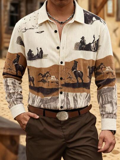 Camisa Vintage com Estampa de Cena Oeste e Botões, Casual para Ir e Vir, Passeios, Reuniões Sociais, Relaxamento, Nova Camisa de Manga Longa de Veludo Estampado para Outono/Inverno