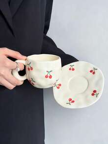 1pc Cherry Coffee Cup & Saucer Set, High-End Afternoon Tea Cup, Water Mug, Unique Gift, Multifunctional, Heat-Resistant, Dishwasher , Suitable For Parties And Gifts - Multicolor - View 4