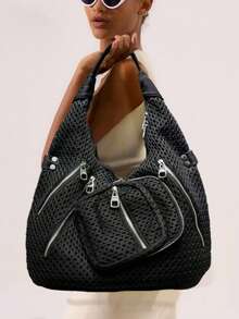 Y2K Street Style Personalized Women's Nylon Spliced Shoulder Bag, Large Capacity, Rivet Decorated Crossbody Bag, Multi Compartment Design - Black - View 2