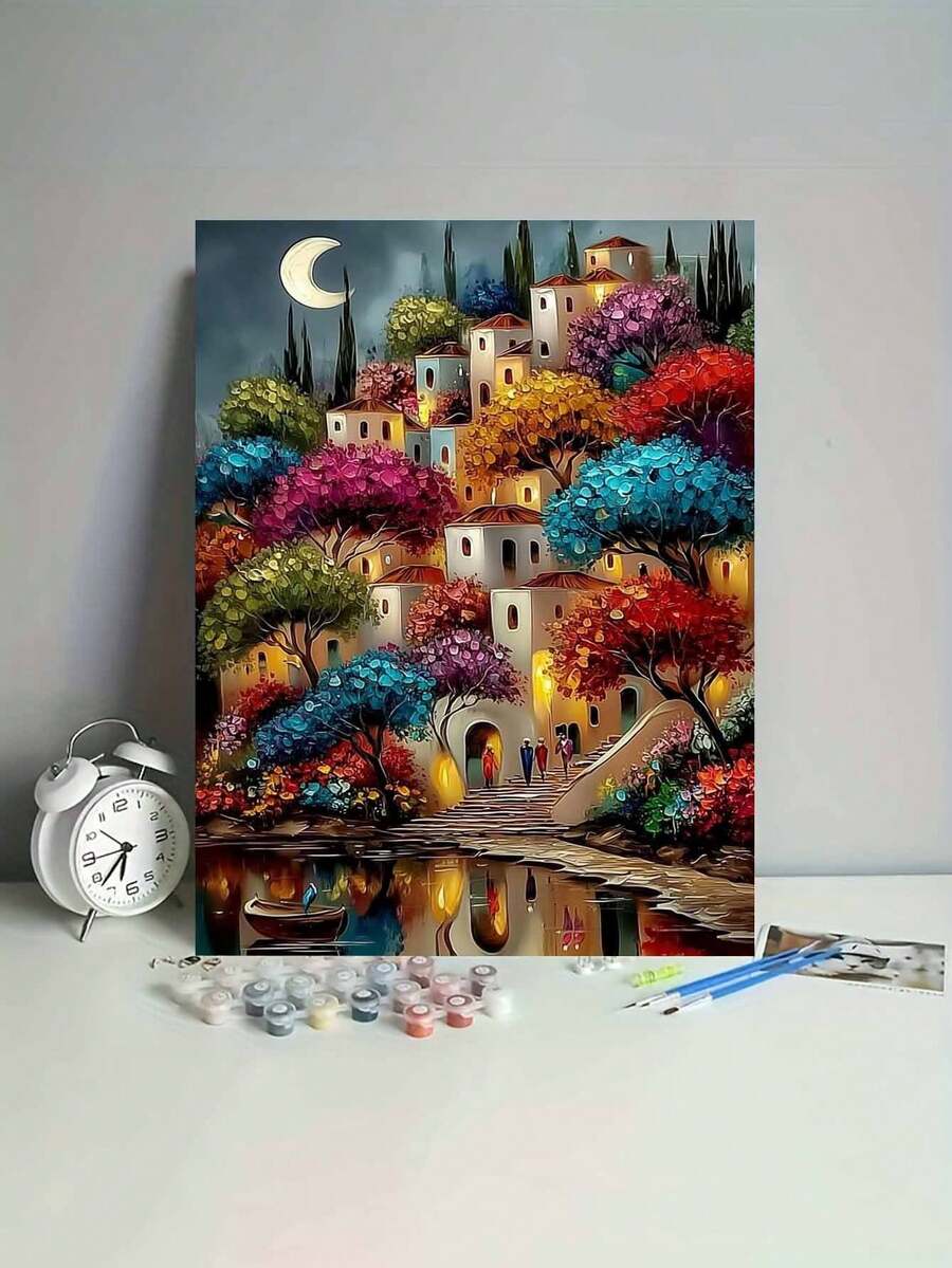 1pc DIY Adult Paint By Numbers Kit  Featuring Colorful Italian Village Decorative Painting, Easy For Beginners. Number Painting Game Simple Frameless DIY Art, Bright Colors, Rich Painting, Ideal For Home Wall Decor, Family Activity, Father's Day, Mother's Day, Halloween, Christmas, Holiday Gifts And Presents, 16 X 20 Inch Number Paint - 彩色 - 查看 1
