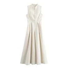 MUJER Zipper Long Dress Woman Pleated Sleeveless Bodycon Dress Summer Elegant Party Dresses For Women New Midi Dresses - 米色 - 查看 9