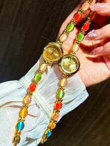 1pc New Gold-Plated Cat Eye Fashion Ladies Watch, Multiple Colors Available - Cute, Romantic, Retro, Elegant, Minimalist, Boho Style, Women's Quartz Watch, Suitable For Daily Wear Or As Birthday/Holiday Gift - Gold - View 3