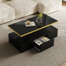 Coffee Table, Table With Drawers, Glossy Lacquered Finish, Side Table With Two Shelves. With LED Light. - Black - View 8