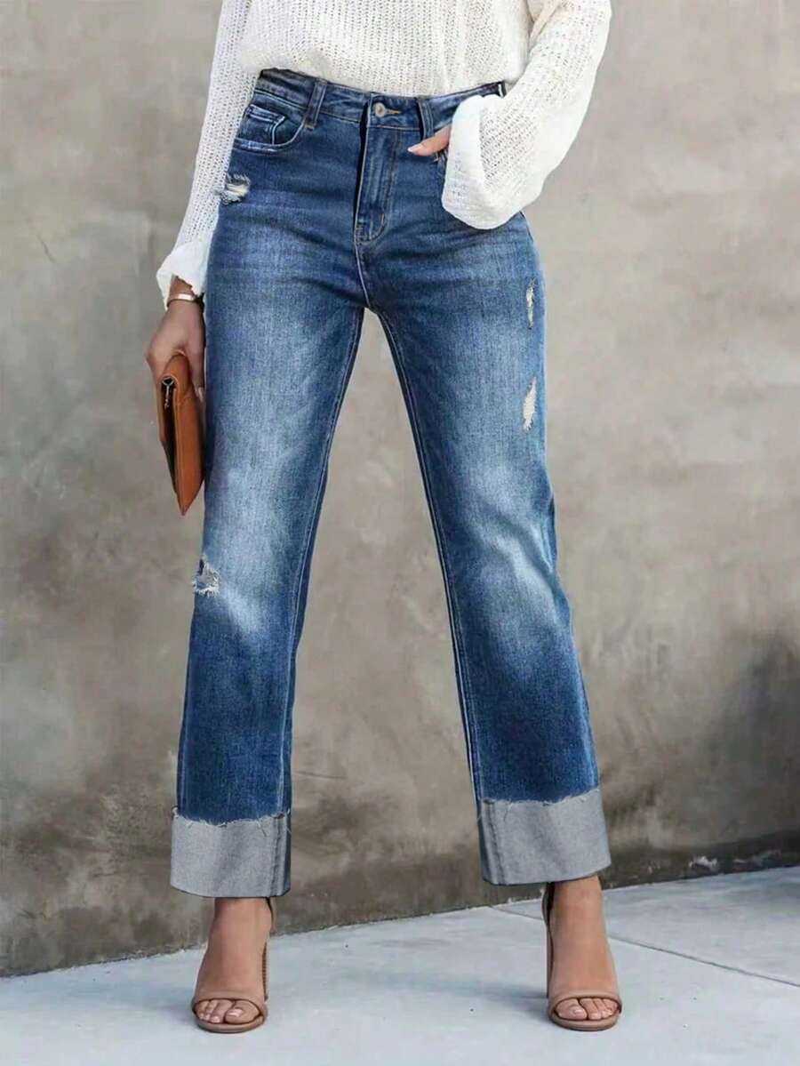 Women Vintage Washed Distressed Casual Straight-Leg Slanted Pocket Jeans Rolled-Up Cuffs, Non-Stretch Trousers, Perfect For Everyday Wear And Commuting. - 深色水洗藍 - 查看 1