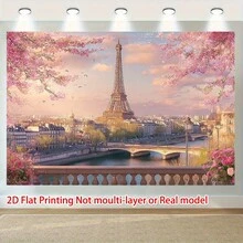2D Flat, 1 Piece Paris Eiffel Tower And Pink Cherry Blossom Background - Romantic City Scenery Photography Banner, Durable Polyester, No Electricity Required, Perfect For Weddings, Birthdays, Home Decorations And Events, Event Decoration| Romantic City Scenery| Durable Polyester, Paris Decoration, Wall Decoration Cloth - 彩色 - 查看 9