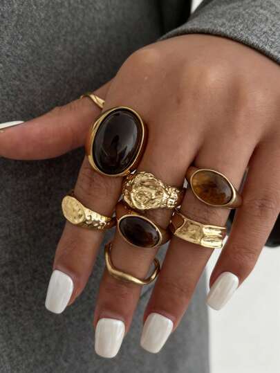 8pcs Vintage Luxury Asymmetrical Faux Gem Mixed Stackable Open Knuckle Rings, Liquid Wrinkle Design Finger Jewelry, Suitable For Women Daily Wear, Gift For Girlfriend/Family/Friends