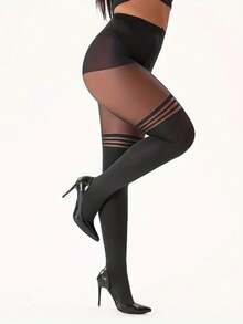 1 Pair Women's Plus Size High Waist Striped Pantyhose, Solid Color Design, Elegant And Comfortable, Suitable For Everyday And Formal Occasions