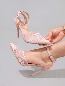 时尚蕾丝刺绣高跟鞋，性感尖头超高跟晚宴派对鞋，女士细跟粉色凉鞋，细高跟鞋 - 粉色 - 查看 5