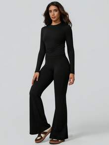 NcmRyu 1 Set Women's Slim Fit Round Neck Fold Waist Long Sleeve Top And Long Pants Activewear Set - Black - View 9