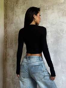 Black Long Sleeve Cropped Top - Front Tie Design, Showcases Feminine Sexy Vibe - Black - View 4