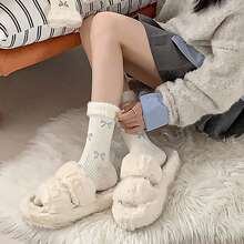 Women's 6-Pair Bow Pattern Crew Socks With Fuzzy Ruffled Cuff - Gray - Grey - View 2