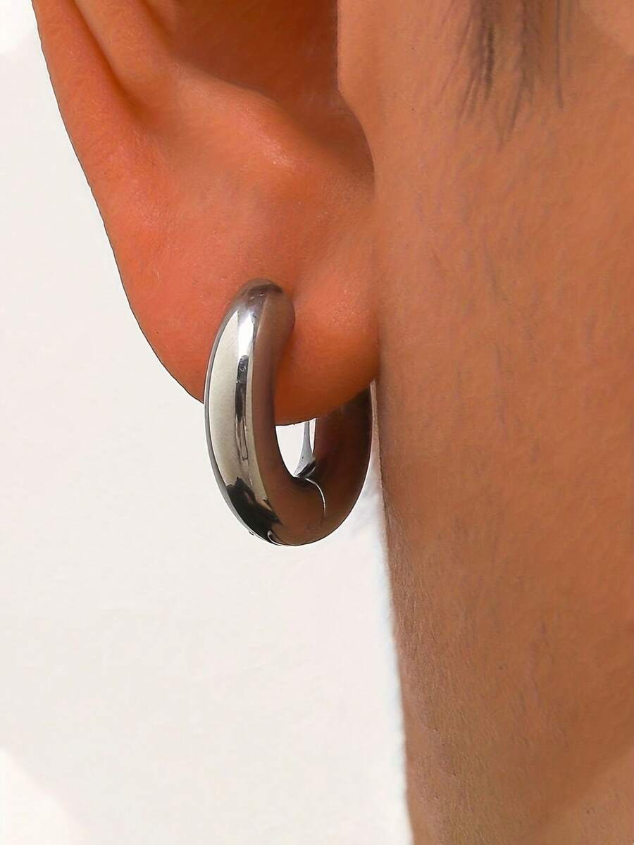 1 Pair Minimalist Stainless Steel Men's Earrings - Punk Style, Stainless Steel Material Resistant To Fading And Low Allergy, Suitable For Casual Daily And Party Wear, Perfect Gift - Silver - View 1